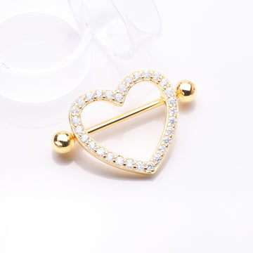 Detail View 1 of A Pair of Golden Adorable Multi-Gem Heart Sparkle Shield Nipple Barbell Ring-Clear Gem